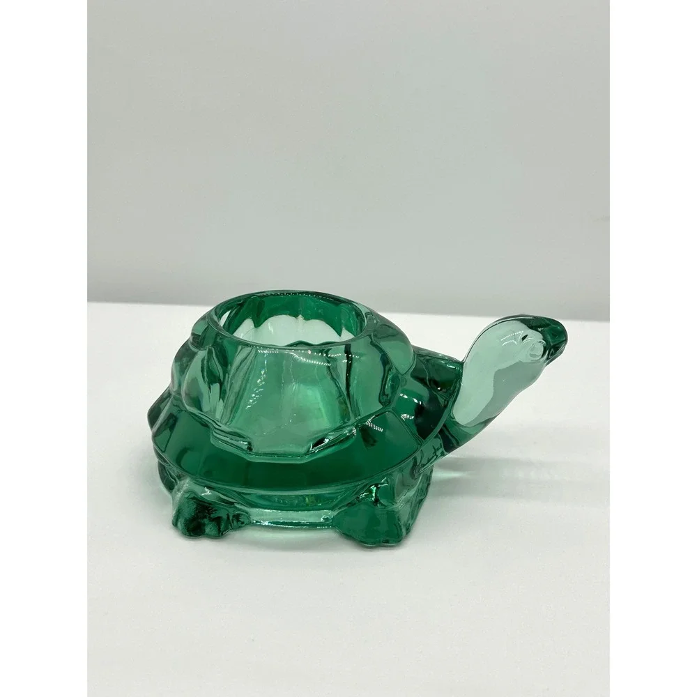 Emerald Green Glass Turtle Figurine Votive Light Candle Holder Trinket Dish